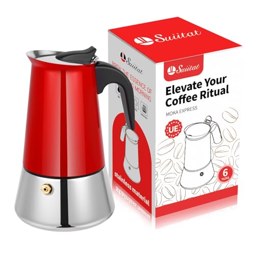 Image of Moka Pot, 6 Cups (10.6 oz) Stovetop Espresso Maker, 304 Stainless Steel Moka Pot, Induction Compatible, Red