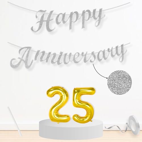 Image of Flyloons 25th Happy Anniversary Banner Silver Decorations Kit for Men Women Wedding Anniversary Banner Items without Balloons Silver Jubilee