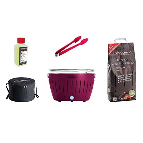 LotusGrill Starter-Set 1x Grill Pflaumenlila mit USB-Anschluß, 1x Buchenholzkohle 1kg, 1x Brennpaste 200ml, 1x Würstchenzange (Farbe nach Vorrat), 1x Transport-Tragetasche - der raucharme Holzkohlegrill