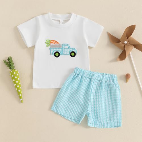 Image of Toddler Baby Boy Easter Rabbit Outfit Short Sleeve Bunny Carrot Smocked T-shirt Elastic Waist Shorts Summer Clothes