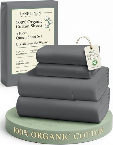 Image of LANE LINEN Sustainably Produced 100% Organic Cotton Queen Size Bed Sheets, Soft & Comfy Naturally Cooling Percale Cotton Sheets, Low Pill Fade Resistant 15 inch Deep Pocket Queen Sheets- Charcoal