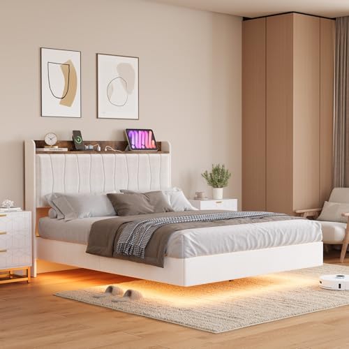 GarveeHome Floating Bed Frame Full with LED Lights & USB Charging Station – Modern Upholstered Platform Bed with Headboard, Solid Wood Slats Support, No Box Spring, Easy Assembly, Noise-Free, White