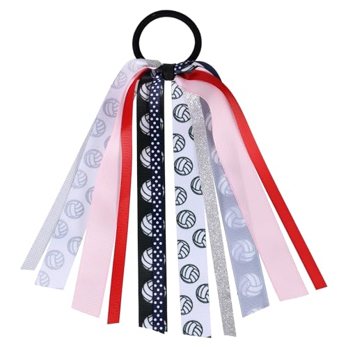 8.7 Volleyball Ponytail Holder Hair Streamer for Women Girls Glitter Volleyball Hair Ribbon Elastic Hair Ties Bow Pony Holder Band Cheerleader Fans Game Day Decor Accessory Gift