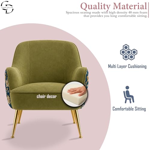 Image of Accent Chair with Ottoman | Modern Velvet Lounge Chair with Floral Designer Back | Upholstered Armchair for Living Room, Bedroom & Cafe | Golden Legs (Parrot Green Floral)