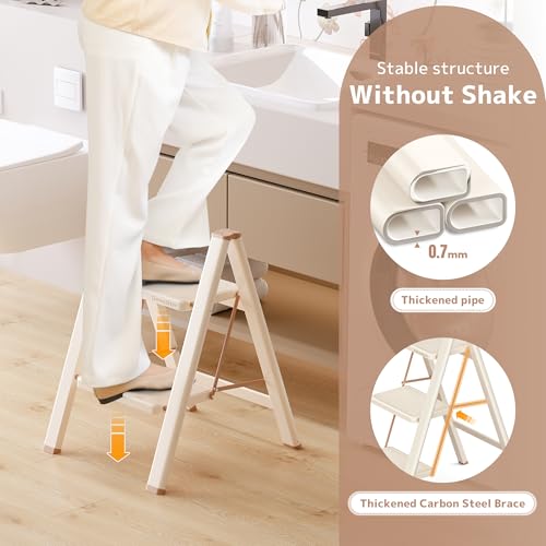 GameGem 2 Step Ladder Folding Step Stool with Wide Anti-Slip Pedal, 330LBS Capacity, Lightweight Portable Stepladder for Home and Kitchen Use, Cream Chocolate by GameGem - Image 4