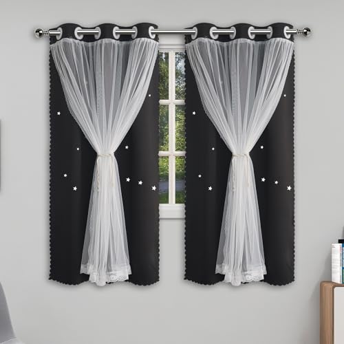 Image of Black Curtains for Bedroom Cute Blackout Drapes 60 Inches Long Star Cutout | Double Layer Nursery Curtain White Lace Sheer Overlay 2 Panel Kids Girls Room Darkening Short Window Treatments Cortina Decor