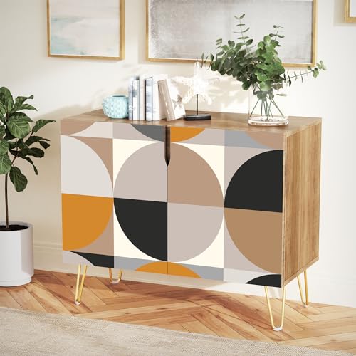 SIGNWIN Sideboard Buffet Cabinet, Kitchen Storage Cabinet with 2 Doors, Mid-Century Geometric Circle Patterns, Cupboard Console Table for Dining Room - 35\" L x 18\" W x 29\" H - Thumbnail 5