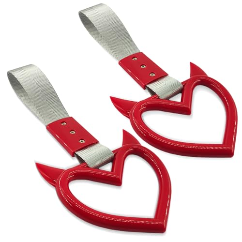 Image of 2PCS Heart shaped Car Handle Straps, Heart Car Accessories, Ring Hearts Shaped Cars Hand Strap Drift Charm, Universal Handle Keychains Accessory Suitable for Cars Bus (Red+silver)