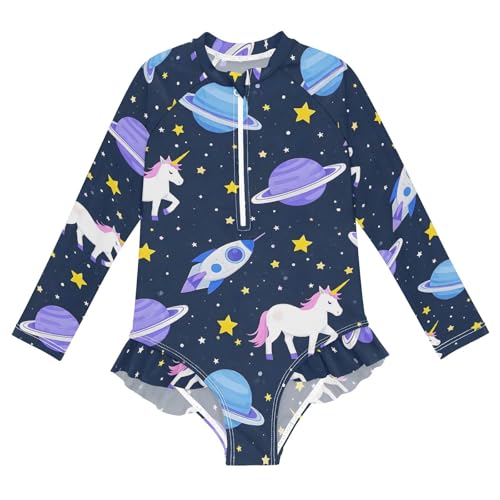 ALAZA Swimsuit for Girls Long Sleeve Rashguard Bathing Suit Cartoon Planet Rockets Quick Dry 4T