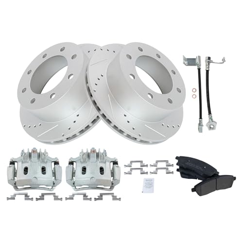 Image of TRQ Rear Brake Pad & Rotor Kit Performance Semi-Metallic Premium G-Coated Driver & Passenger Side Compatible with 2000-2005 Ford Excursion 2001 F-250 Super Duty 2000-2001 F-350 Super Duty