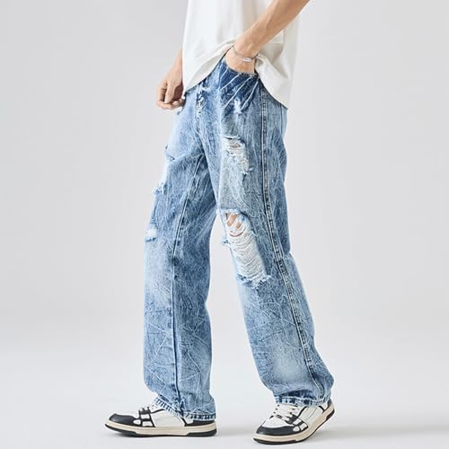 Baggy Ripped Jeans for Men Vintage Distressed Straight Leg Denim Pants Streetwear Hip Hop Style3