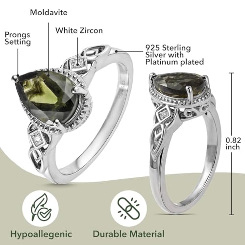 Moldavite & White Zircon Ring in 925 Sterling Silver Wedding Rings for Women with Platinum Plating Promise Jewelry Valentines Day Gifts for Her Birthday Gifts for Womens3