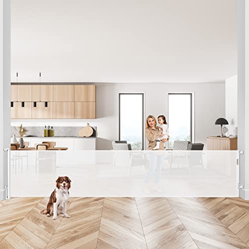 Image of 145 Inch Retractable Baby Gates Extra Wide Dog Gate for Extra Wide Openings Retractable Dog Gate Indoor Outdoor Retractable Gate Mesh Pet Gate Extra Long Baby Gate for Stairs, Doorways, White