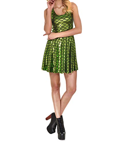 Image of LinvMe Women Shiny Mermaid Fish Scale Sleeveless Pleated Flared Dress