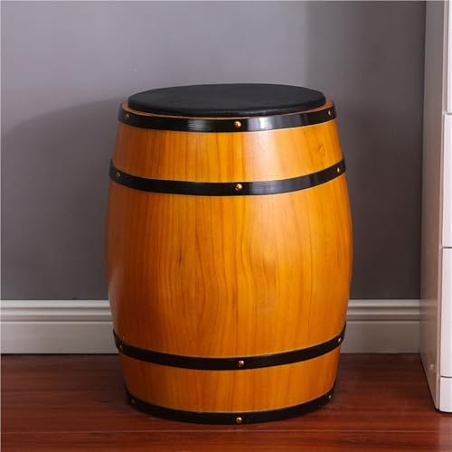 HACHJWRT Wooden Barrel Stool with Faux Leather Seat, Round Ottoman