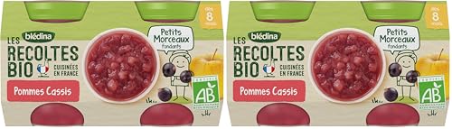 Blédina Les Récoltes Bio, Petits pots bébé Bio dès 10 Mois, Pommes Cassis Petits Morceaux, 2x130g (Lot de 2)