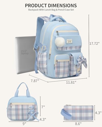 Image of Backpack for School Girls, 3Pcs Kids Cute Bookbag with Lunch Box Pencil Pouch, Student Pack Fits 15.6 Inch Laptop for Teens bag for Kindergarten Elementary Preschool Middle School, Blue Tartan
