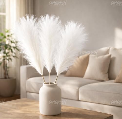 Image of Divyakosh Artificial Pampas Grass 3 Pcs (White) Faux Dried Flowers Small Flower Stems for Home Decor, Living Room, Bedroom, Table Vase Decoration Office Boho Decor (41 cm, No Vase)