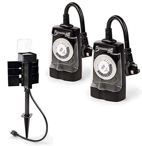 Black + Decker Outdoor Garden Timer Stake and 2 Pack Outdoor Timer Bundle, Waterproof Outlet Timers for Lights, Tools, Holiday Decorations