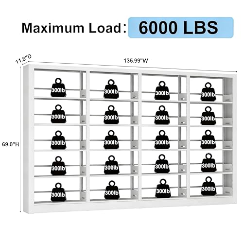 Image of Heavy Duty Metal Bookshelf, 5-Tier Industrial Bookcase with Adjustable Shelves, Large Storage Bookshelf for Living Room, Office, Library, 69 inch H x 136 inch W, White
