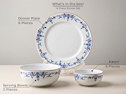 Image of Bodhi House Premium Porcelain Dinner Set 14 Pieces Serving for 6 | Royal Crest Design | Microwave & Dishwasher Safe | Crockery Set | Dinnerware Set for Home, Dining, Kitchen & Gifting