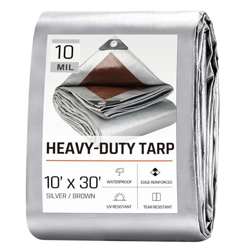 10 x 30 FT Waterproof Heavy Duty Tarp 10 Mil Thick Outdoor Furniture Covers Plastic Insulated Tarpaulin for Camping Tent Roof Boat Patio Pool Cover Large & Small Multi-Size Tarps Silver/Brown