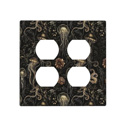 Decorative Outlet Covers Black Gold Jellyfish Squid Deep Sea Creatures 2 Gang Outlet Cover Wall Plate Double Duplex Light Switch Cover Plate Switch Plate Covers for Bedroom Decor