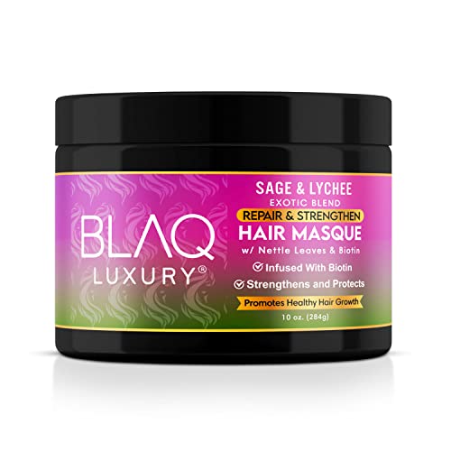 Blaq Luxury Sage & Lychee Hair Masque Treatment for Stronger, Healthier Hair - Biotin Infused, Promotes Growth & Moisture Retention, All Types, 10oz
