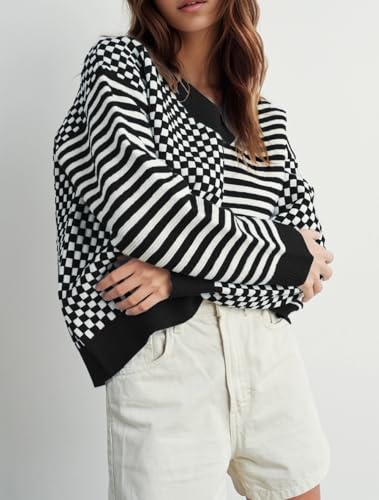 Image of UNCLECAT Womens Striped Checkered Sweater V Neck Fall Trendy Pullover Tops | Long Sleeve, Winter Clothes, Soft Jumpers, Business Casual Outfits, Cute, Fashion, Knitted Sweaters
