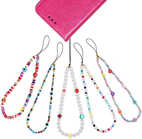 Molain 5Pcs Phone Charm Beaded Cell Phone Lanyard Wrist Strap Acrylic Mobile Phone Chain String Rainbow Color Fruit Star Pearl Face Phone Pendant Keychain Women Girls Bracelet ( Style A)