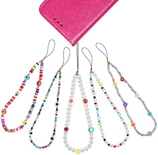 Molain 5Pcs Phone Charm Beaded Cell Phone Lanyard Wrist Strap Acrylic Mobile Phone Chain String Rainbow Color Fruit Star Pearl Face Phone Pendant Keychain Women Girls Bracelet ( Style A)
