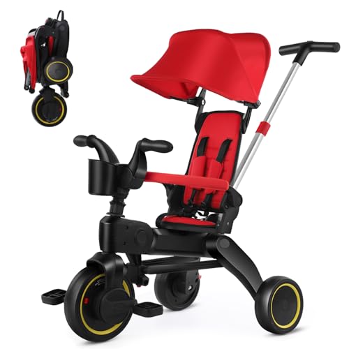 Baby Tricycle,5 in 1 Compact Folding Toddler Bike w/Removable Push