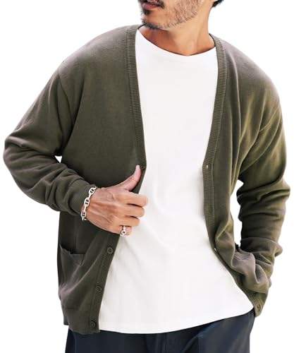 [JIGGYS SHOP] ジギーズショップ コットンカーディガン｜M カーキ 綿 cardigan スクールカーディガン ニット 春服 秋服 薄手 無地 長袖 Vネック 職場 オフィス ビジネス カジュアル 学生 冷房対策 シンプル 定番 黒 青 茶色 赤（Amazon）