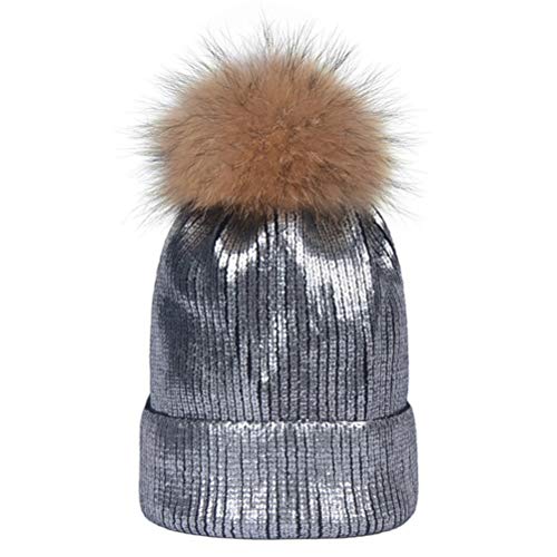 Damen Warme Strickmütze, DOTBUY Herbst Unisex Winter Klassische Slouch Beanie Herren Metallisch Gold Glänzend Skimütze Wintermütze Verdickung Weiche Mütze (Silber,M) Cover