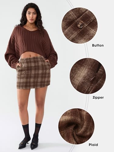 EXLURA Womens Faux Wool Plaid Mini Skirts Fall Winter Bodycon Skirt Pockets - image 5