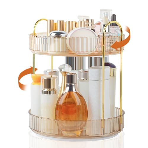 Boxalls Make up Organiser 360° Rotating, 2 Tier Large Capacity Bathroom Organizer, Cosmetics Vanity Storage, Dressing Table Organiser, Skincare Spinning Carousel for Skincare Perfume (2 Tiers, Amber)