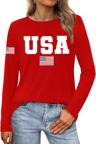 Cutesong USA Shirt for Women American Flag T-Shirts 1776 4th of July Patriotic Long Sleeve Tops