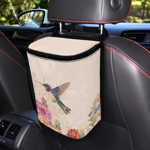 Image of Talayituse Hummingbird Daisy Print Car Trash Can with Adjustable Straps, Foldable Car Trash Bag Bin Car Garbage Bag Multipurpose Storage Box for Vehicle Travel Camping Picnicing