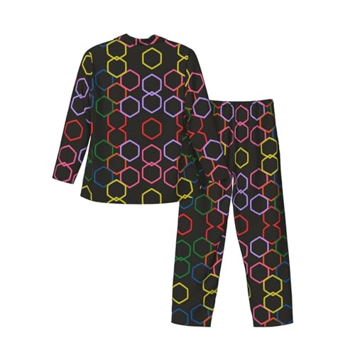 Colorful Hexagons And Black Mens Pajamas Set Button Down Sleepwear Set Long Sleeve Loungewear With Pockets4
