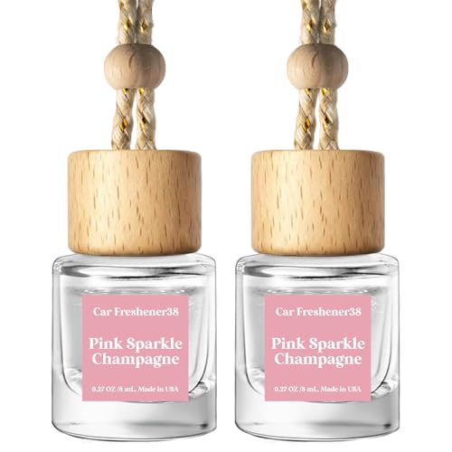 Image of C Classy Hanging Car Air Freshener 2 Pack, Pink Sparkle Champagne Essential Oil Diffuser, Long-Lasting Fragrance, Cute Glass Bottle Car Accessories for Women & Men, Made in USA