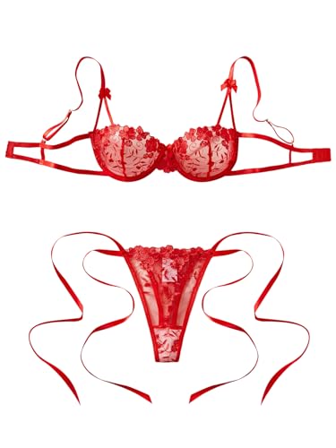 Image of Lilosy Sexy Tie Side Cute Underwire Push Up Strappy Embroidered Mesh Sheer Lingerie Set Women See Through Bra and Panty 2 Piece Bow Blossom Red Large