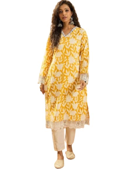 Image of Women's Floral Printed Cotton Afgani Kurta with Lace Detail Full Sleeves