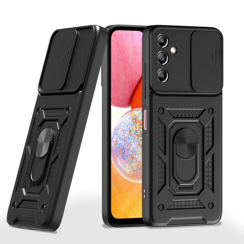 Image of Amazon Basics Back Cover for Samsung Galaxy A14 4G / A14 5G | 360 Protection Case | Sliding Camera Sheild Cover & Ring Holder Stand D10 Tough Armor Bumper Case (Black)