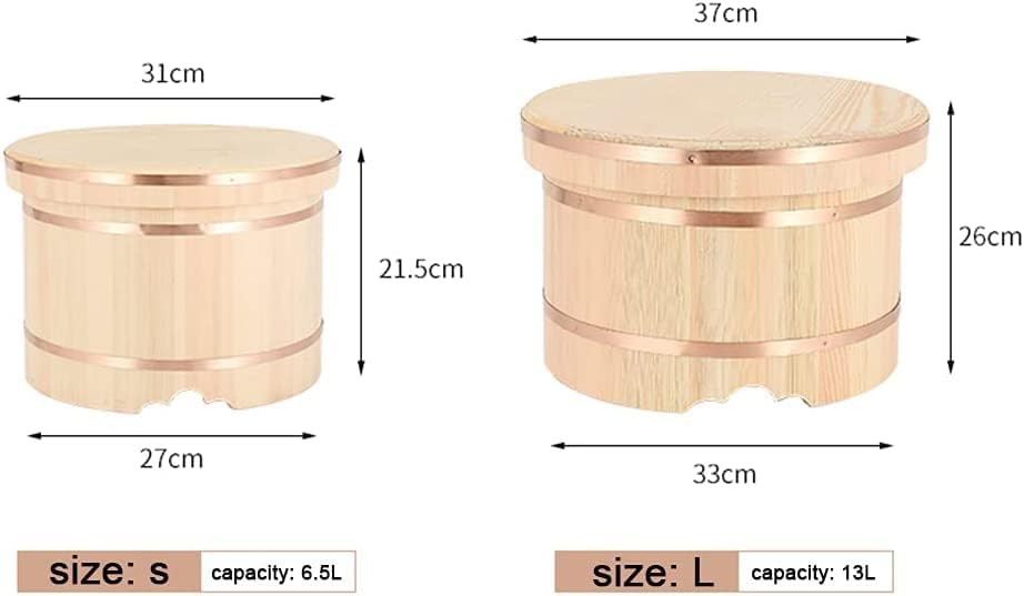 Miniatura 6 de Cubo de arroz para sushi Oke con tapa, tazón grande de madera Hangiri para mezclar el hogar, cocina, contenedor de alimentos, cubo de madera