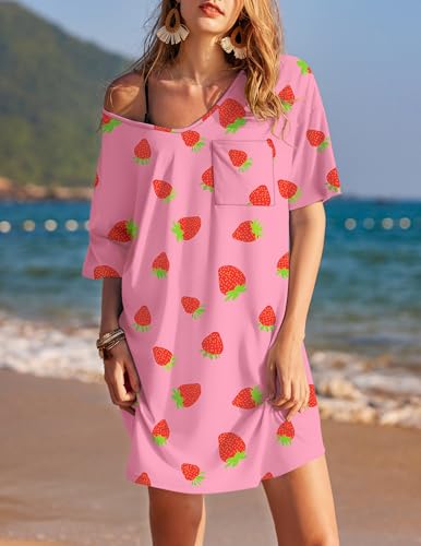 Image of Ekouaer Womens Tshirt Nightgown Cotton V Neck Sleepshirts Comfy Casual Nightshirt for Women