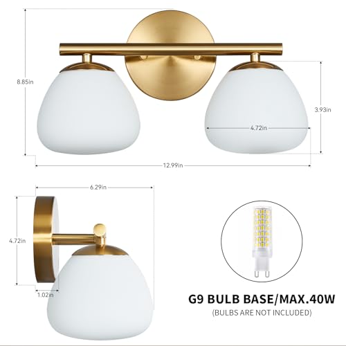 Image of Modern 2 Light Bathroom Vanity Light Gold Vanity Light Bathroom Light Fixtures Over Mirror with Milk Glass Shade Bathroom Vanity Lighting Fixtures
