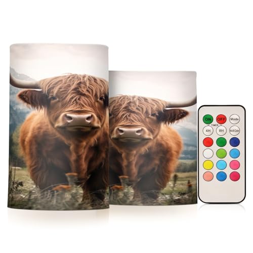 Kigai Highland Cows Flameless Candles with Remote Control and Timer,Battery Operated LED Pillar Candles Adjustable Brightness for Ourdoor Indoor Use,Home Decor,2 Pack