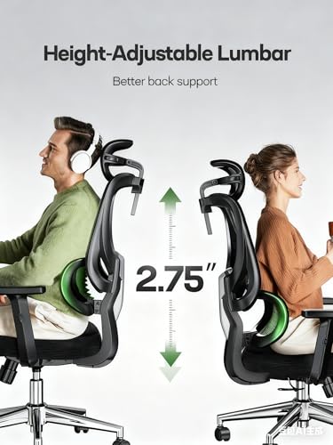 Marsail Ergonomic Office Chair with Adjustable Lumbar Support & 2D Headrest, Breathable Mesh Desk Chair with Adjustable Arms, Swivel Rolling Task Chair for Home Office, Black - Image 7