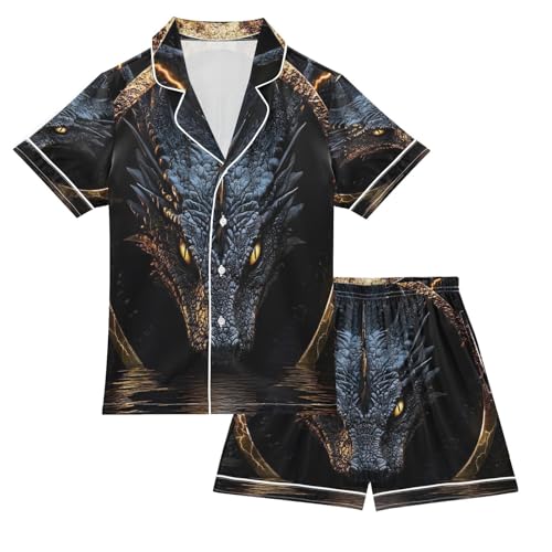 ALAZA Dragon Water Satin Pajamas Set Short Sleeve Button Down Sleepwear Summer Pjs 2 Piece