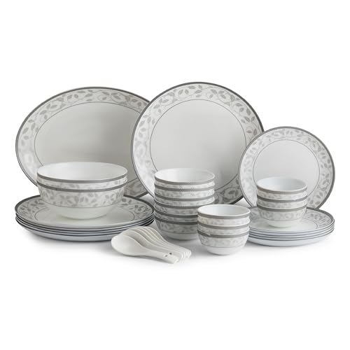 Image of Cello Divine Opalware Divine Silver Dinner Set, 33 Units | Microwave & Dishwasher Safe | Light-Weight & Thermal Resistant | Crockery Set for Dining & Gifting